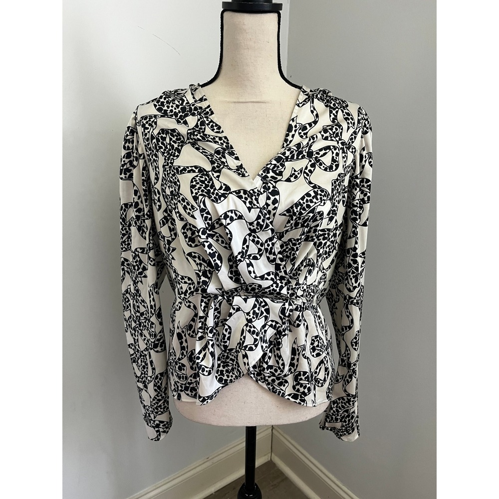 Express Leopard Bow Print Blouse Large Black White Modern Chic Office Peplum Top